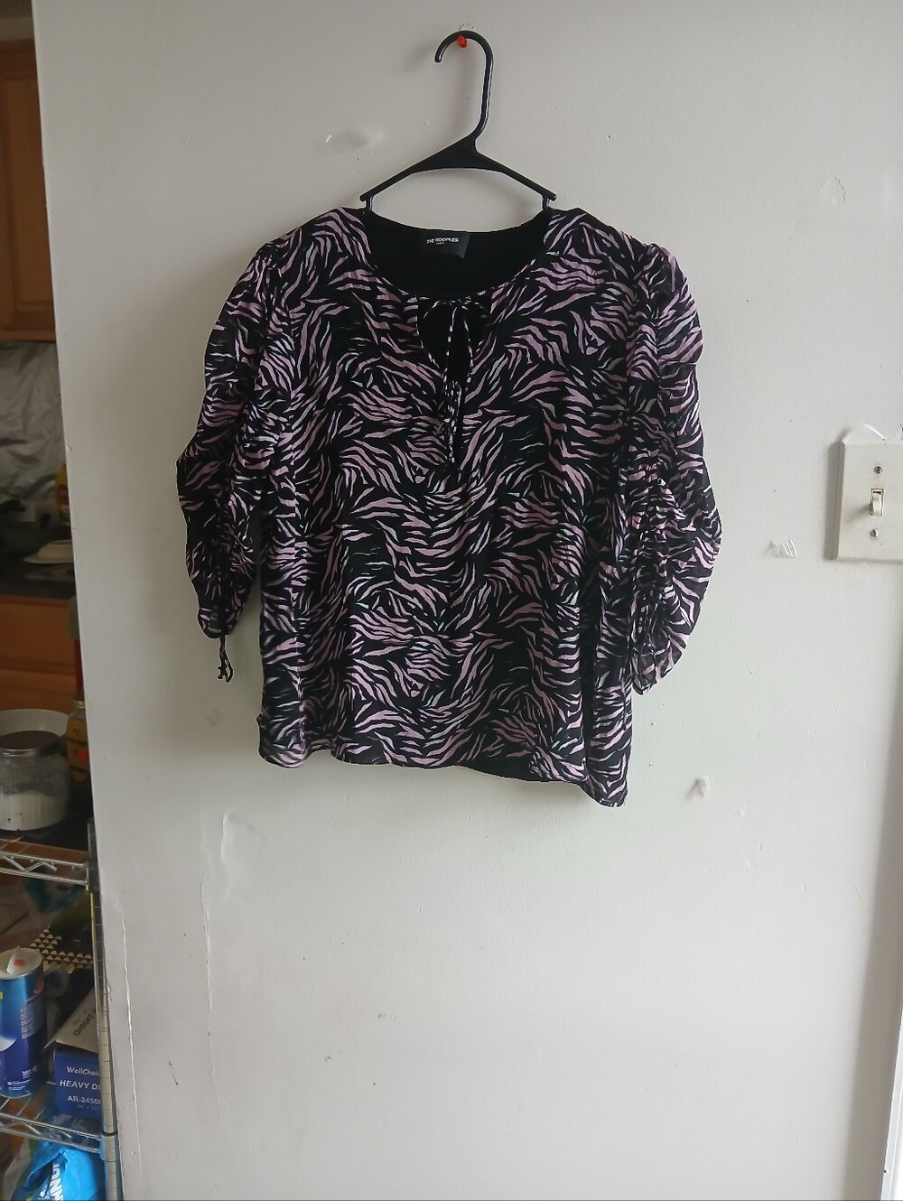 The Kooples Black and Light Pink Zebra-Print Tie-Neck Blouse